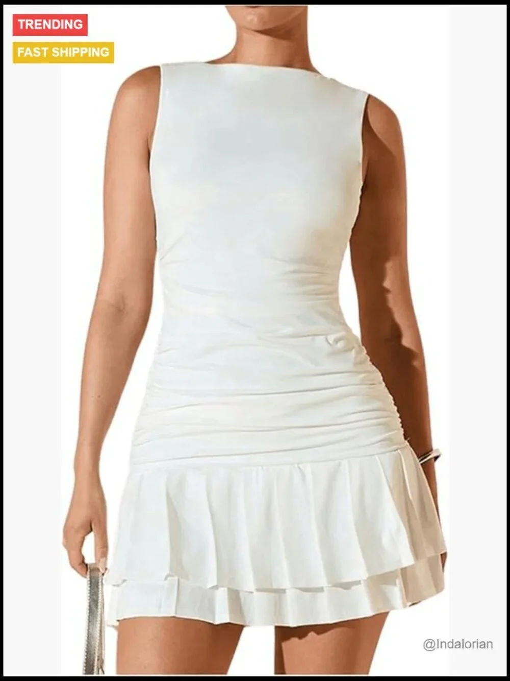 Polyester Blend Sleeveless Ruched Ruffle Hem Mini Dress